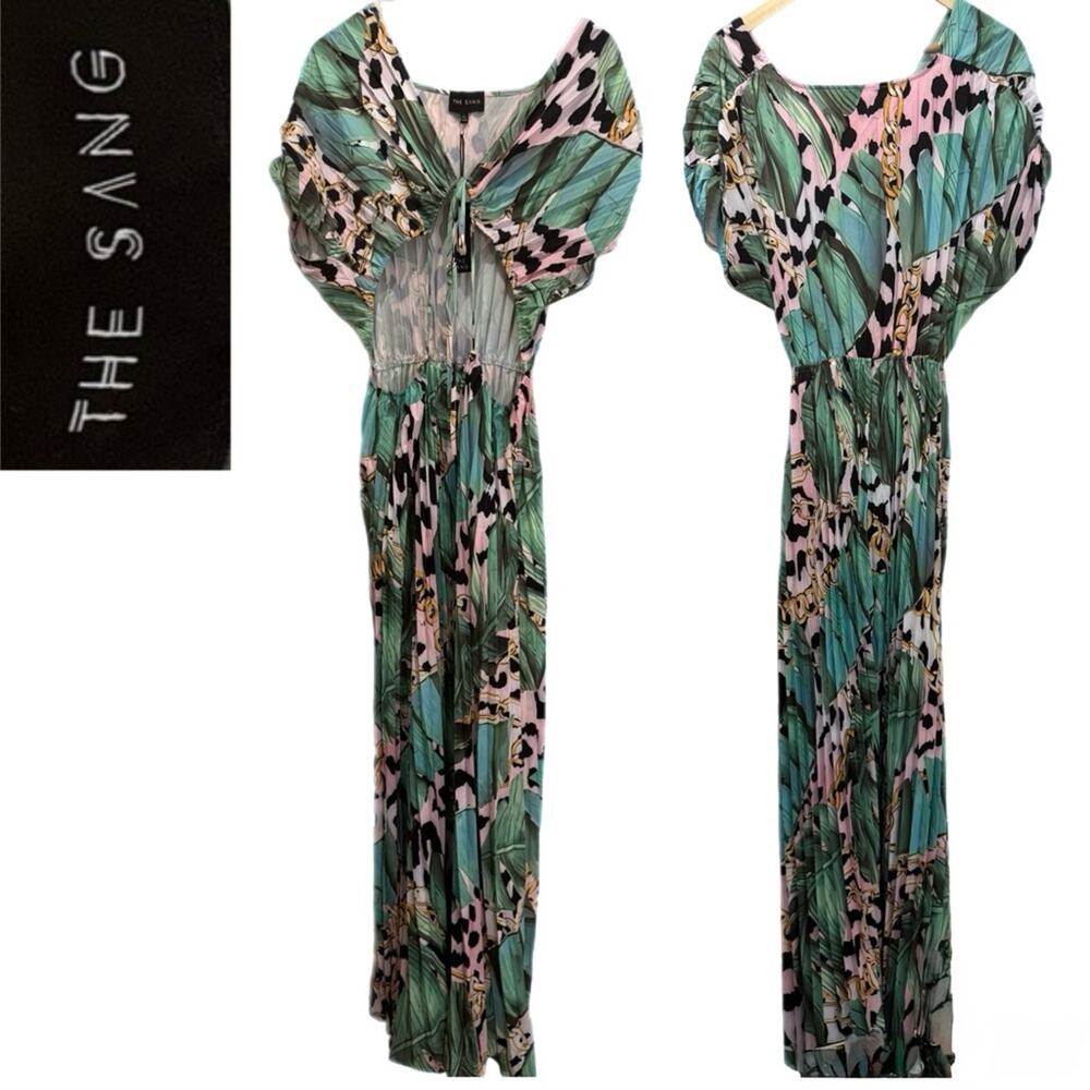 The Sang Tropical Palm & Animal Print Maxi Dress Green Chain V-Neck Size Large
